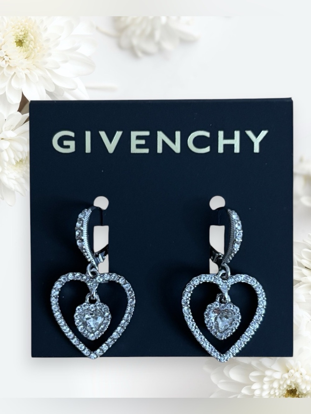 NWT Givenchy Silver-Tone Crystal Heart Drop Earrings